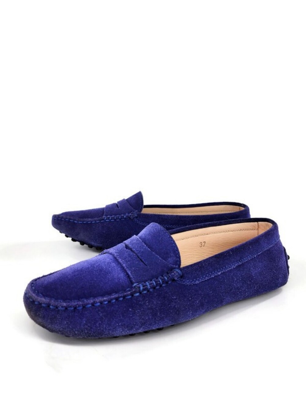 Tod's Gommino Vibrant Dark Blue Suede Slip-On Moc-Toe Driving Penny Loafers